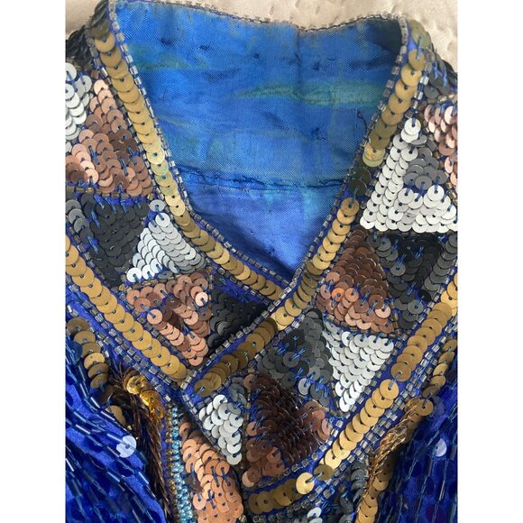 Vintage 1980s Sequin Beaded Duster Kimono Open Front Jacket Frank Usher Style - Picture 11 of 15